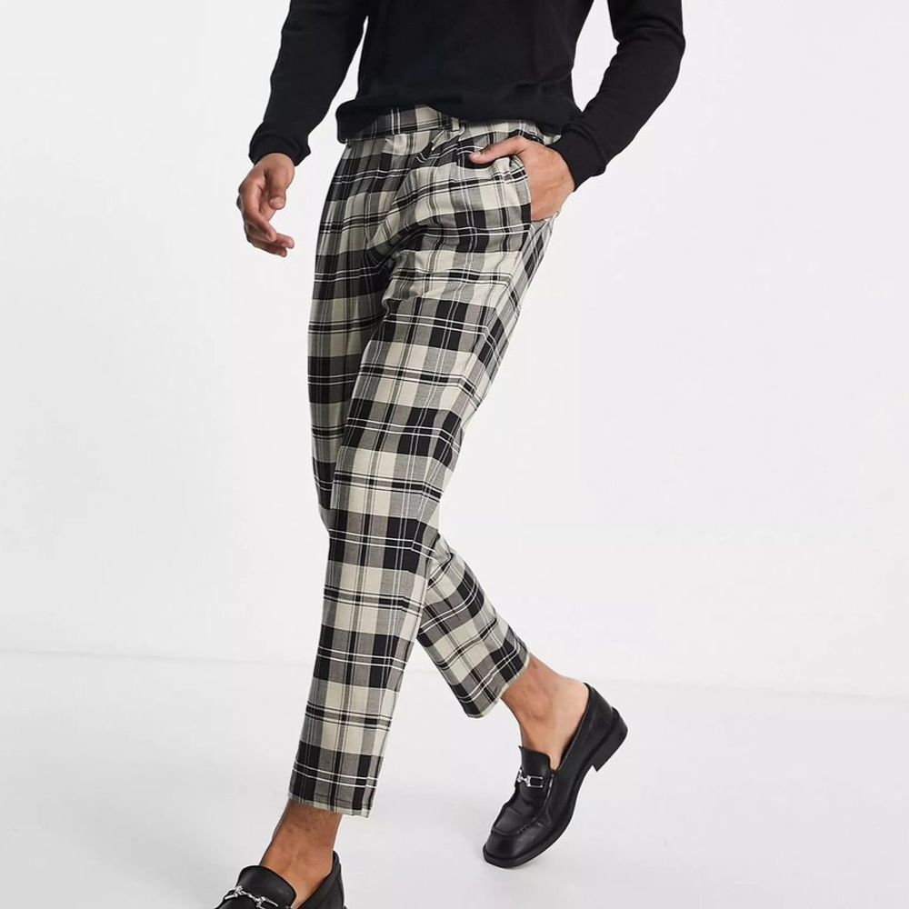 River Island Men's 34 Black White Plaid Tapered Pleated Trousers Pants